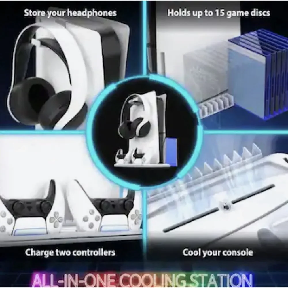 PS5/PS5 Slim/PS5 Pro Cooling Stand RGB Fan DualSense Charger Disc Storage